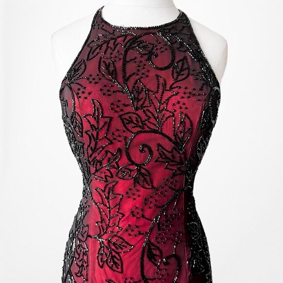 Vintage Burgundy Red Floral Beaded Silk Bodycon Maxi Formal Prom Dress Size S/M - Picture 5 of 8